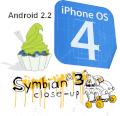 Die Logos von Android, iPhone OS 4 und Symbian 3