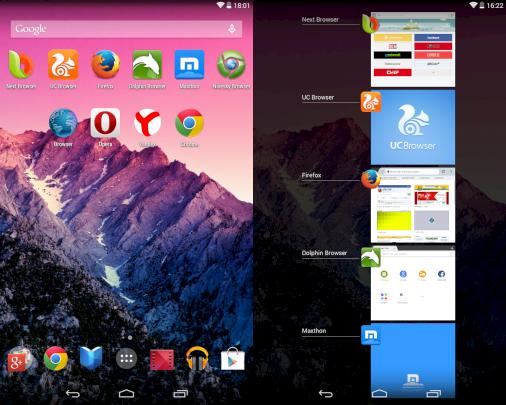 Startbildschirm des Nexus 7 gefllt mit mobilen Browsern