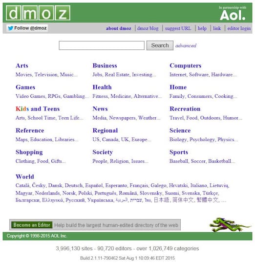 Klassische Startseite eines Webkatalogs - hier DMOZ