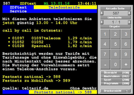 Call-by-Call-Ortsnetztarife im ZDF-Videotext