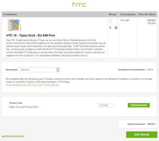HTC.com: Der Rabatt wird im Warenkorb angezeigt