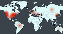 Der Echtzeit-Webmonitor von Akamai zeigt die Angriffe in USA, Europa und Sdkorea.
