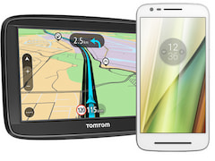Ein TomTom-Navi und ein LTE-Smartphone bei Real