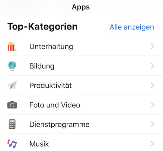 Apps in Kategorien sortiert