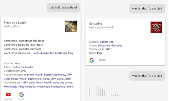 Ergebnisse der Musik-Erkennung des Google Assistant