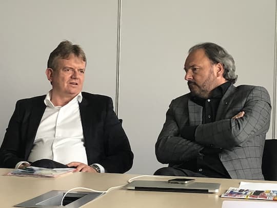 Zwei Mobilfunker, die sich gut verstehen: Wolfgang Breuer (links), Geschftsfhrer der Media Broadcast, und sein Chef: Christoph Vilanek, CEO der Freenet AG 