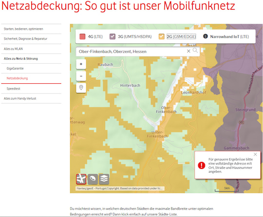 Oberzent-Finkenbach bei Vodafone (nur 2G und 3G)