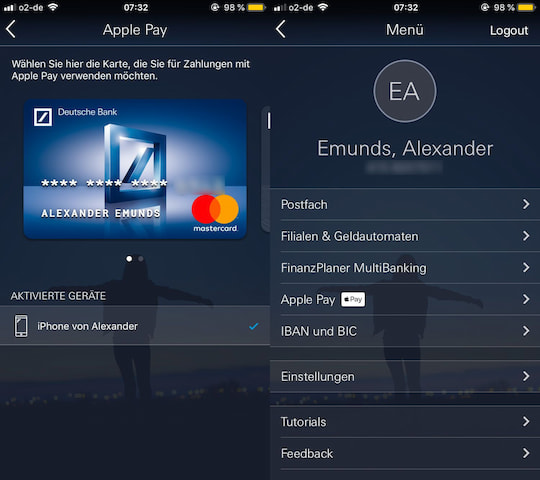 Apple Pay in der Deutsche Bank Mobile App.