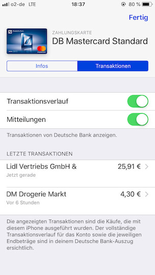 Transaktionsverlauf in der Wallet-App.