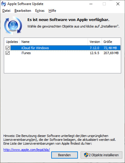 Die Apple Software Update prft entweder manuell oder nach einiger Zeit automatisch auf neue Updates 