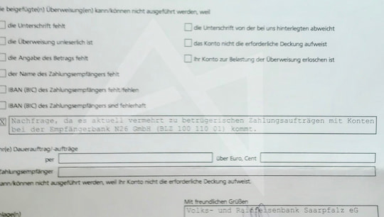 Formbrief der VR-Bank Saarpfalz mit der Nachfrage, ob die berweisung an N26 wirklich gewollt war