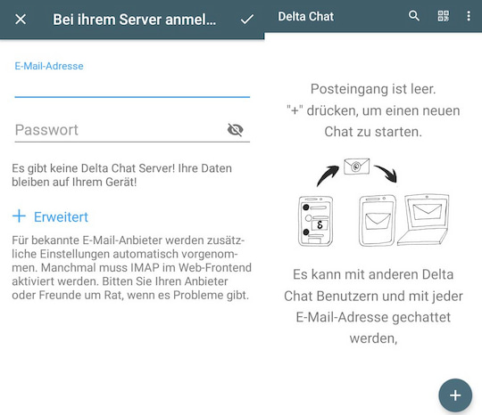 Anmeldung am E-Mail-Server und Hauptfenster noch ohne Chats