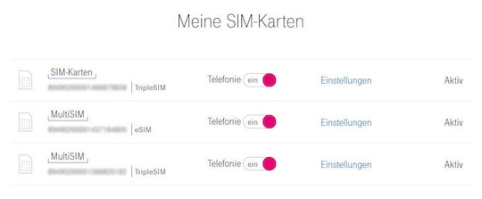 MultiSIM-Einstellungen im Telekom-Kundencenter