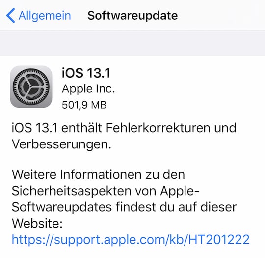 Das Update auf iOS 13.1 war am Dienstagabend verfgbar