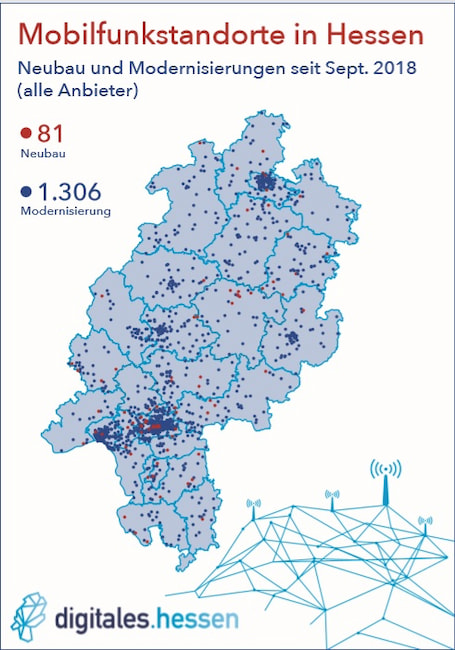 Landkarte der Mobilfunksender in Hessen. Die roten Punkte sind Neubauten, die blauen Standorte wurden umgerstet