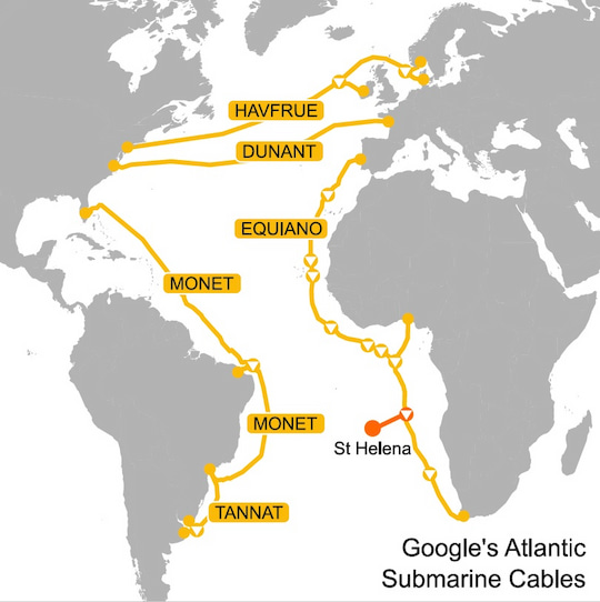 Der Verlauf der Untersee-Glasfaserkabel des Google-Konzerns. Ein Ast des Equiano-Kabels wird eine Abzweigung nach St. Helena bekommen.