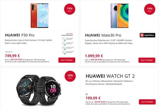 Gnstig bei Huawei: Mate 30 Pro, P30 Pro und Watch GT 2