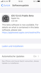 Beta-Tester knnen die Beta-Version 13.4.5 herunterladen. Da es eine neue Version ist, kommt die komplette Software (2.92 GB auf einem iPhone SE 1. Generation)
