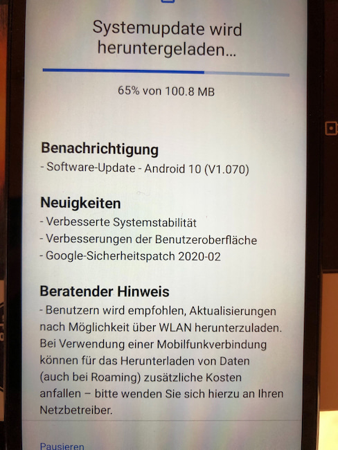 Direkt nach dem Auspacken ein Update auf Android 10