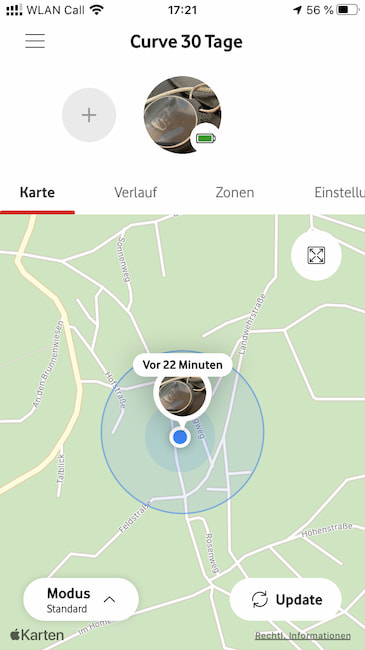 ber die Vodafone Smart App sieht man den genauen Standort des Trackers, der regulr alle 30 Minuten aktualisiert wird
