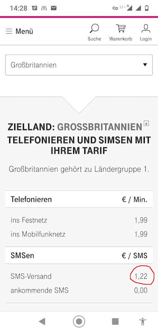 Ein bizarrer Fehler auf der Homepage. Eine Prepaid-SMS htte 1,22 Euro kosten sollen.