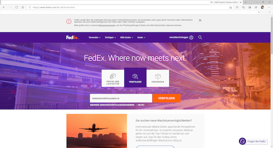 Der Lieferdienst Fedex warnt auf seiner Homepage vor Fake-SMS