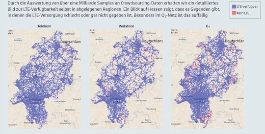 Karte der LTE-Nichtabdeckung am Beispiel in Hessen. Man beachte die roten Flecken.