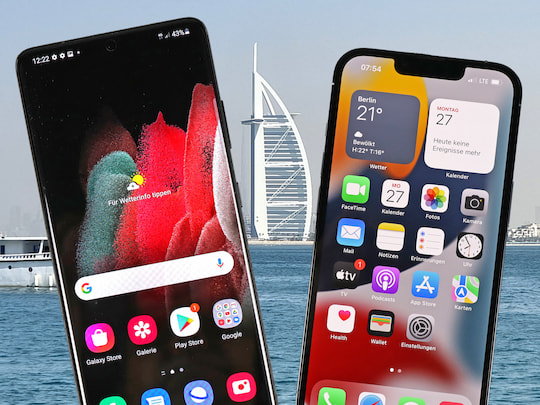 Samsung Galaxy S21 Ultra (l.) und iPhone 13 Pro machen Urlaub in Dubai