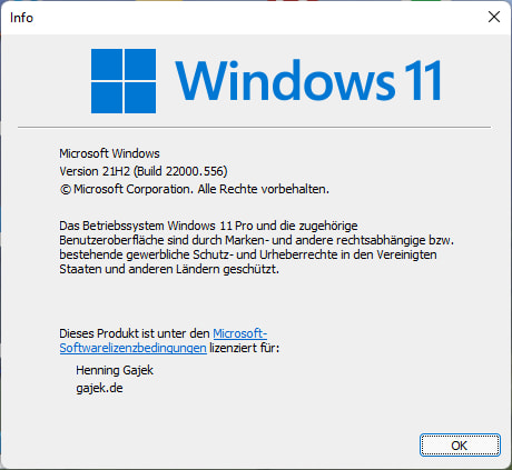Die aktuellen Werte von "winver" fr Windows 11