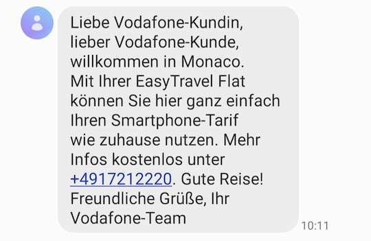 Roaming-Info-SMS von Vodafone