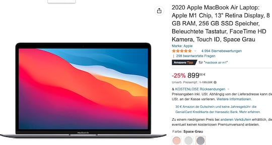 MacBook Air 13 Zoll (2020) bei Amazon