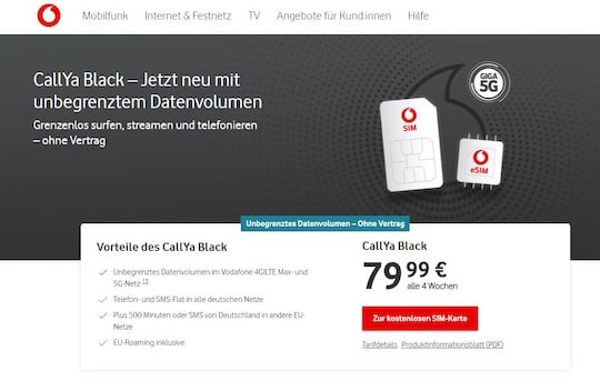 Vodafone hat seinen Prepaid-Tarif CallYa Black mit unlimitiertem Datenvolumen ausgestattet