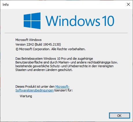 Nach dem Update ist Windows 10 22H2 da (19045).