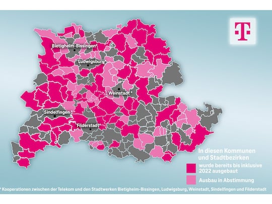 Die Gigabitregion Stuttgart (rosa) reicht weit ber die Landeshauptstadt hinaus. Neu dabei: Sindelfingen und Bietigheim-Bissingen.