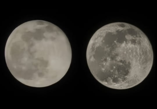 Links der tatschliche Mond durch die Handy-Kamera, rechts nach der Aufnahme