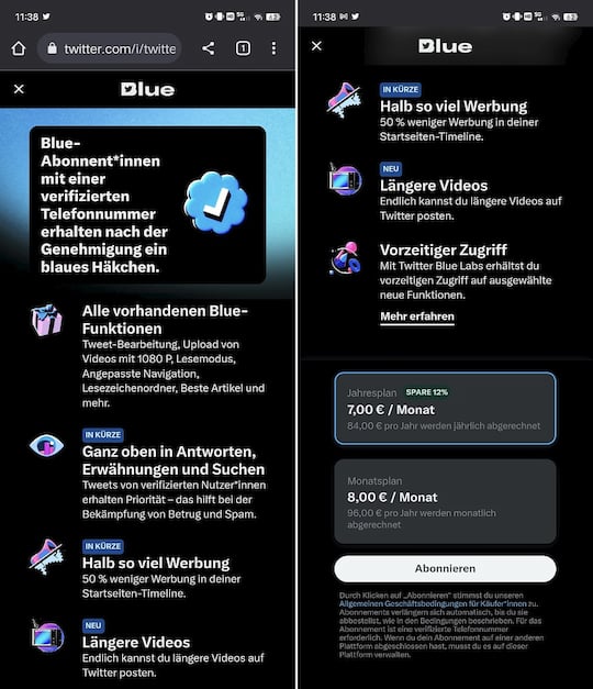 Twitter Blue: Preise im Browser