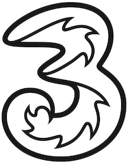 Das Logo von Drei in sterreich. Es erinnert ein wenig an den chinesischen Drachen, denn Drei gehrt der CK Hutchison Holding in HongKong (China).