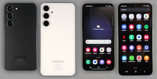 Samsung Galaxy S23 (kleineres Modell) und S23 FE (greres Modell) von vorne und von hinten