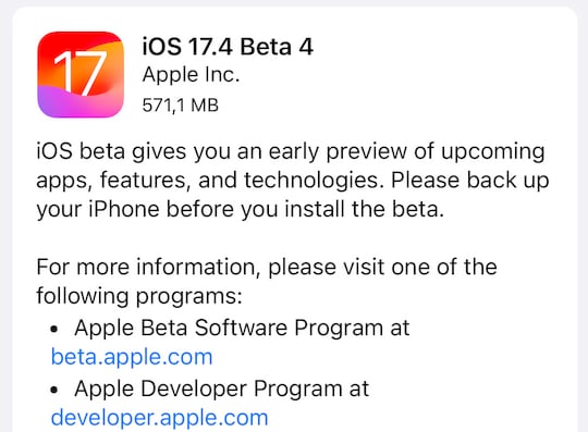 iOS 17.4 Beta 4 ist da