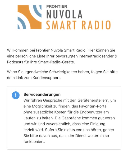 Info zu "Servicenderungen" auf der Startseite des Smartradio-Portals von Frontier Nuvola