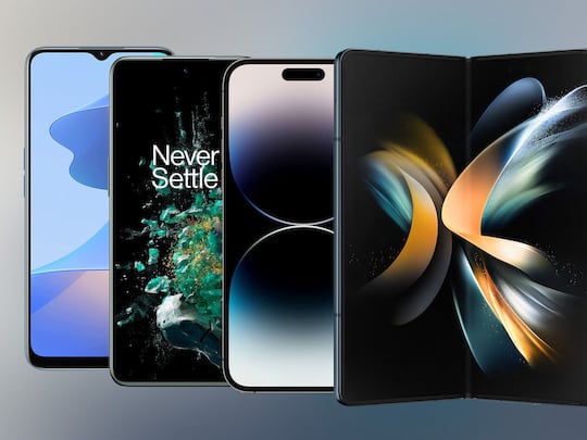 V.l.n.r.: Oppo A16s, OnePlus 10T,  iPhone 14 Pro Max,  Samsung Galaxy Z Fold 4