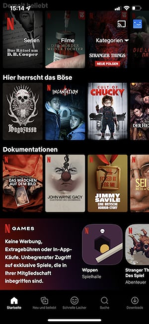 Rubrik Netflix Games in der iOS-Version der Streaming-App