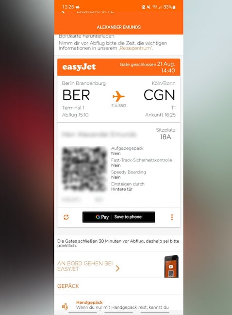 Bordkarte ber die Easyjet-App in Google Wallet einfgen
